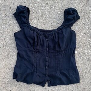 Hollister Black Milkmaid Top Small Button Front Smocked Back Lace Trim Cap Sleev